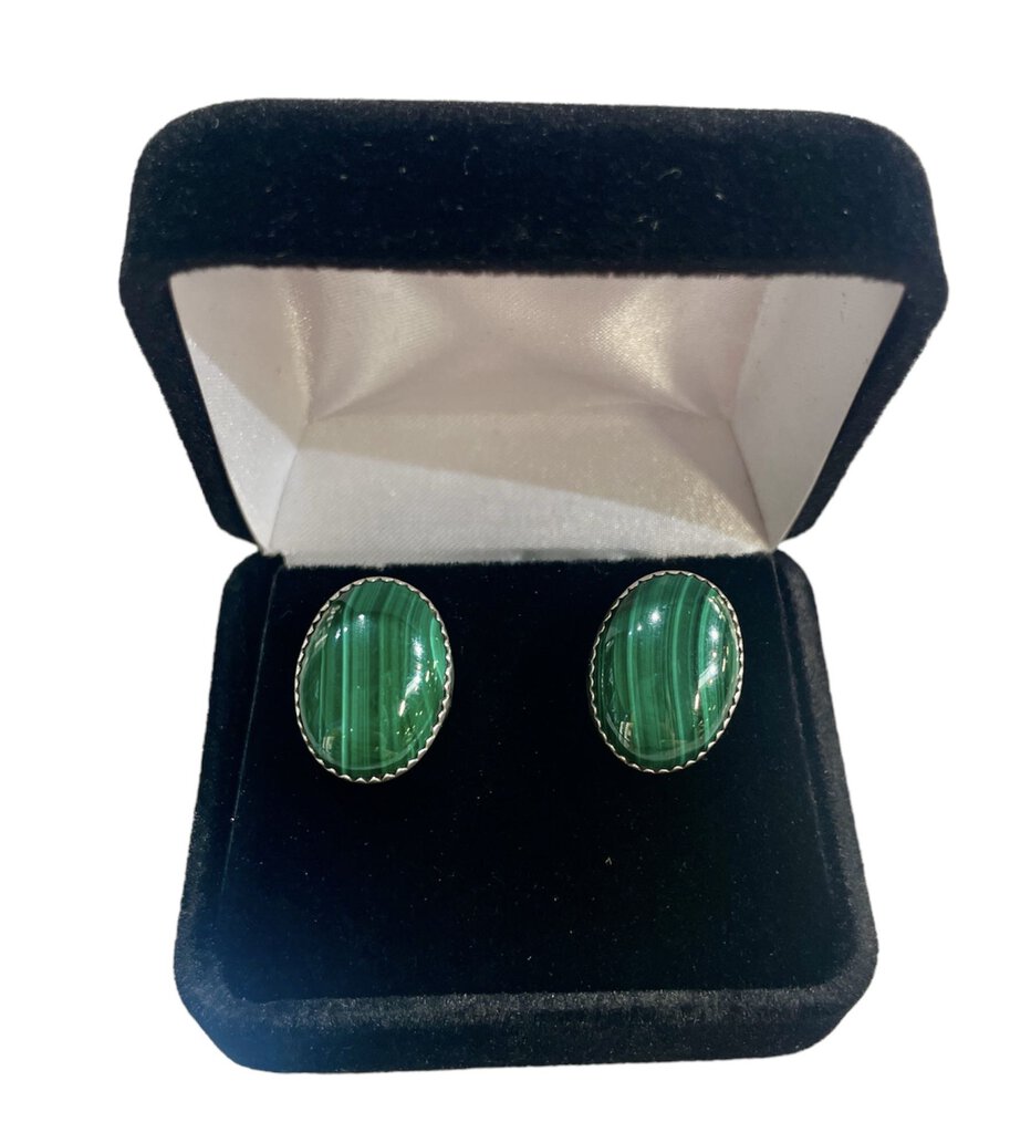 SS OVAL MALACITE STUD EARRINGS