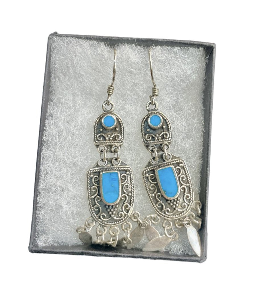 SS TURQ SCROLLING DESIGN DANGLE EARRINGS