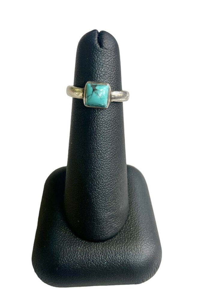 SS TURQ BEZEL SQUARED STONE SOLITARE RING SZ 4.5