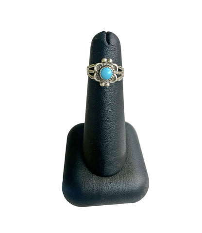 SS SMALL FLOWER BEZEL SET BLUE TURQ PINKY RING