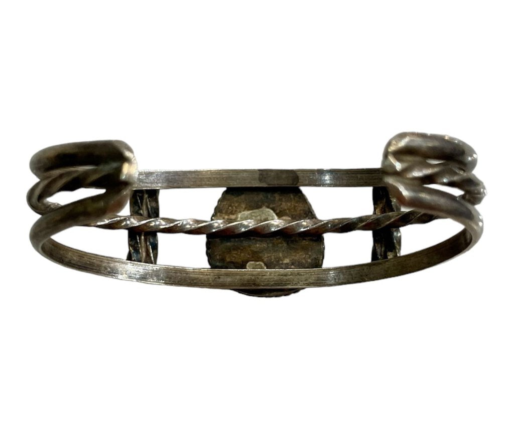 SS OVAL TURQ CUFF BRACELET W/TWISTED METAL DESIGN