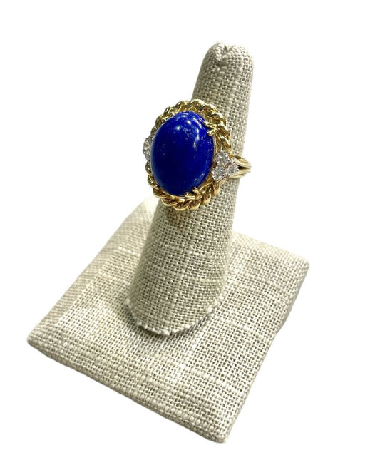 14KT YG LARGE CABACHON BLUE LAPIS W/6RB 1/3TW SZ 6