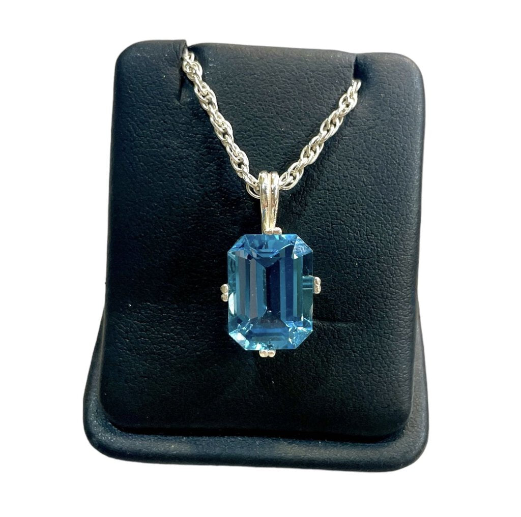 SS 4CT EMERALD CUT BLUE TOPAZ ON 18" CHAIN