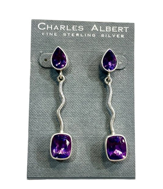 SS CA PEAR & CUSHION CUT AMETHYST DROP EARRINGS