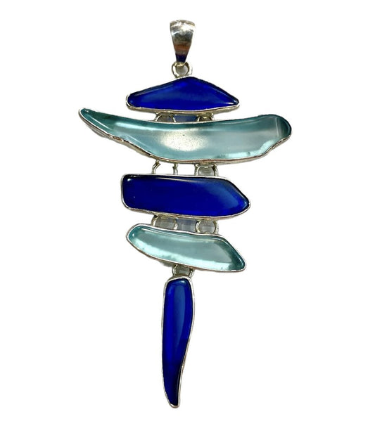 SS CA ALONGATED BLUE GLASS PENDANT NO CHAIN