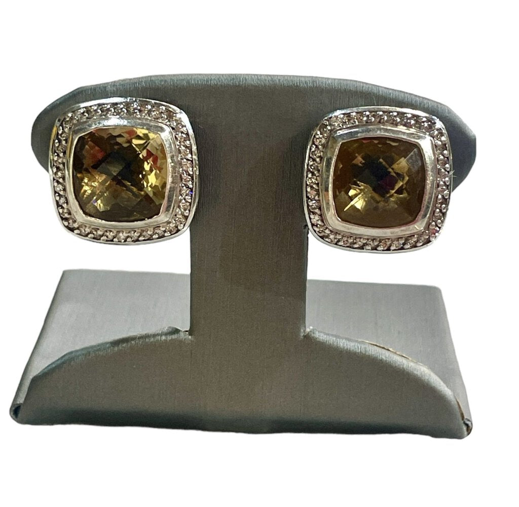 SS DAVID YURMAN SMOKEY QUARTZ W/ DIAMOND HALO STUD EARRINGS