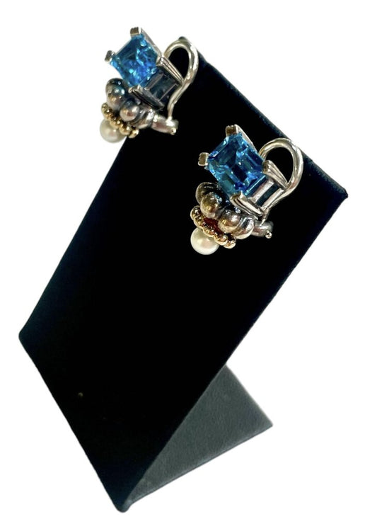 SS/18KT LAGOS BLUE TOPAZ EMERALD CUT EARRINGS