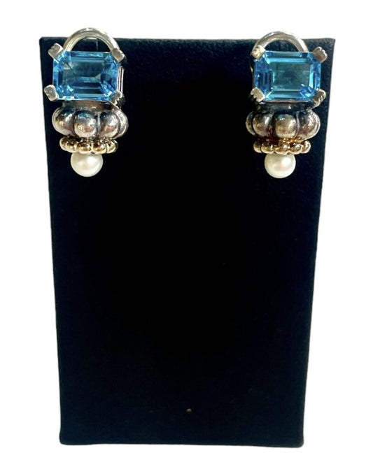 SS/18KT LAGOS BLUE TOPAZ EMERALD CUT EARRINGS