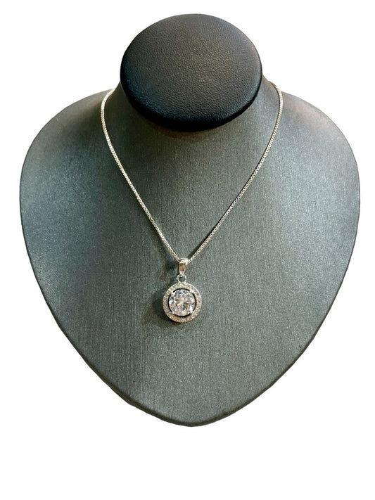 SS 2CT RB CZ CTR HALO STYLE PENDANT ON 18" BOX CHAIN