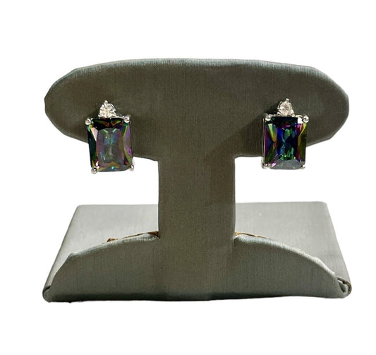 SS EMERALD CUT MYSTIC TOPAZ STUD EARRINGS