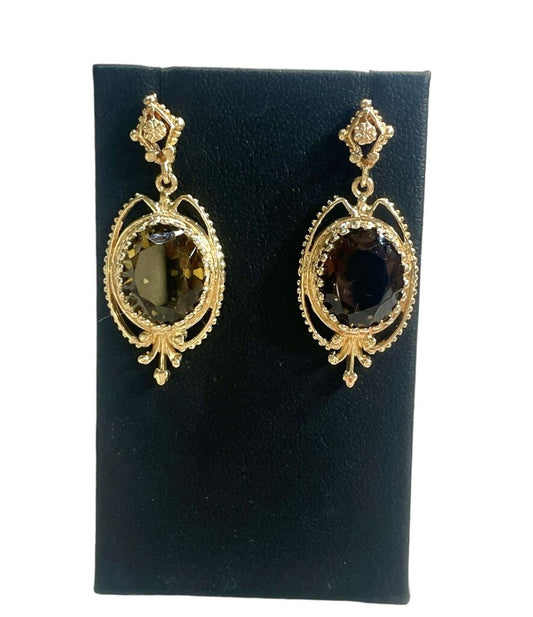 14KT YG LARGE OVAL BROWN TOPAZ DANGLE STUD EARRINGS