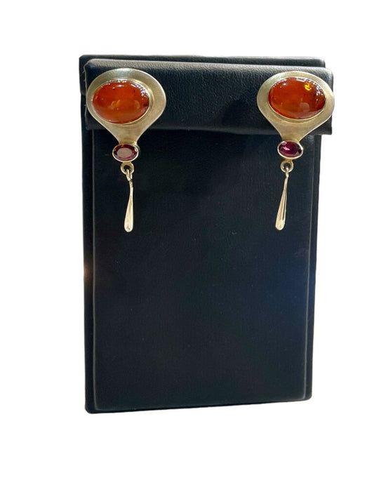 SS OVAL AMBER &GARNET DANGLE EARRINGS