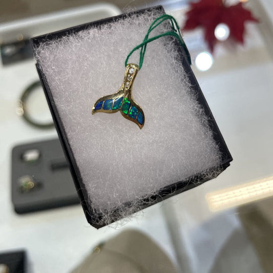 14KT YG INLAY OPAL WHALE TALE PENDANT NO CHAIN