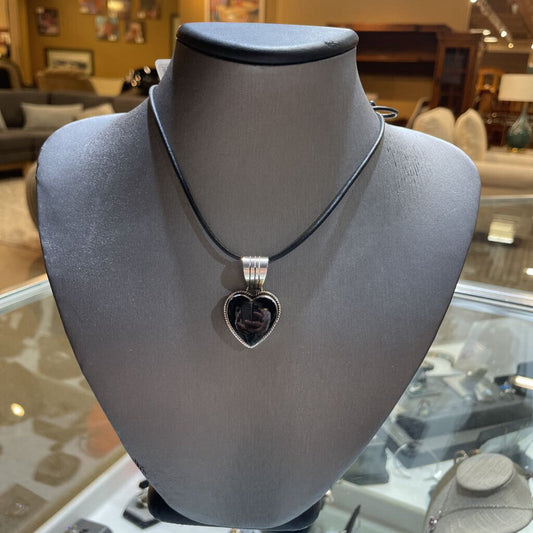 SS DON DODSON BLACK ONYX HEART PENDANT ON ROPE CHAIN