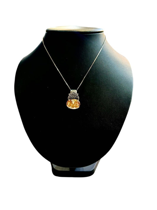 SS OVAL CITRINE PENDANT W/ MARCASITE STONES ON 18" CHAIN