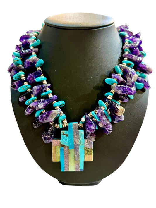 SS TURQ PURPLE & TURQ STONES LAYERED CROSS NECKLACE INLAYED JOLENE BYRD