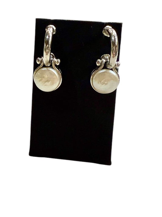 SS "J" HOOP BUTTON PEARL BEZEL SET DANGLE EARRING