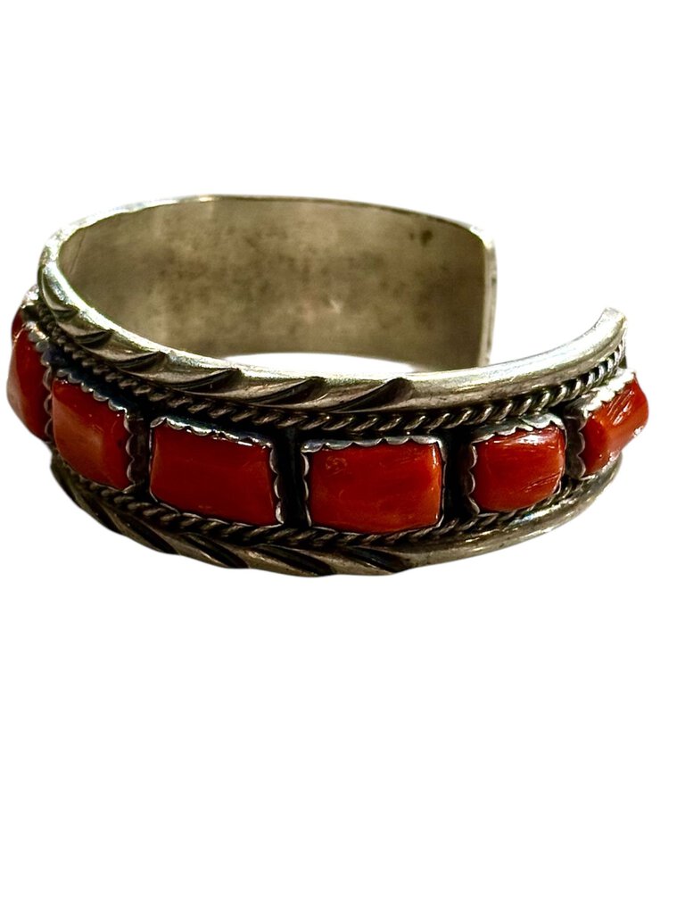 SS CORAL CUFF BRACELET STAMPED NAVAJO SPENCER