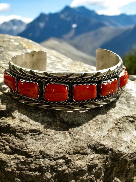 SS CORAL CUFF BRACELET STAMPED NAVAJO SPENCER