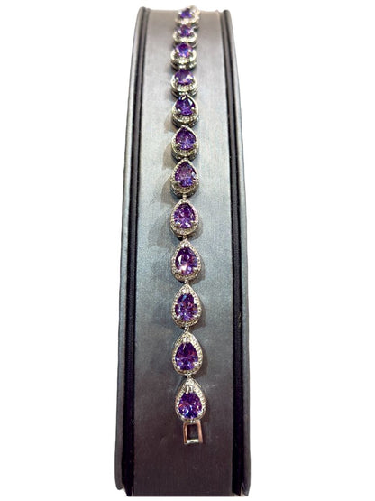 SS PURPLE PEAR SHAPE CZ HALO TENNIS BRACELET