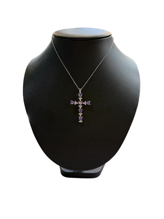 SS HEART SHAPE PURPLE CZ W/CZ STONE CROSS PENDANT ON CHAIN