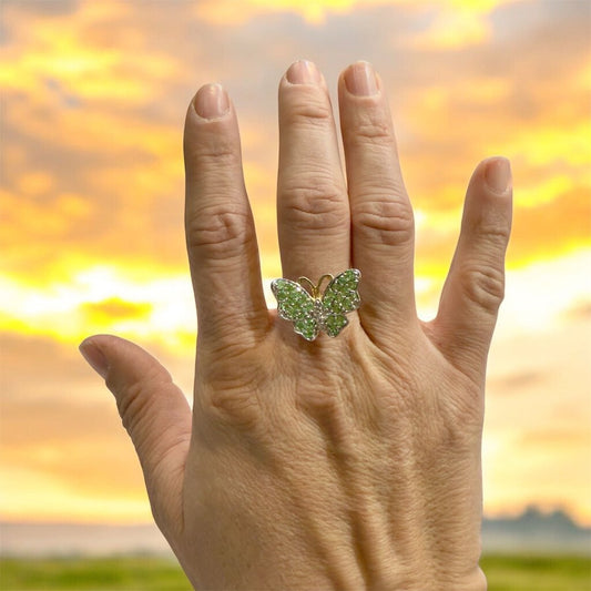 SS GREEN SPINEL BUTTERFLY RING SZ 9