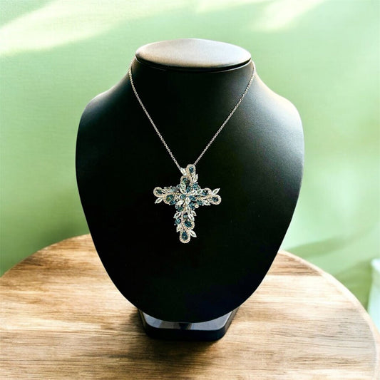 SS LONDON BLUE TOPAZ &AQUA LARGE CROSS PENDANT ON CHAIN