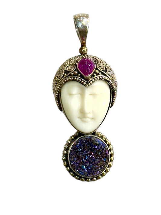 SS SARDA PRINCESS W/GARNET & DRUZY PENDANT NO CHAIN