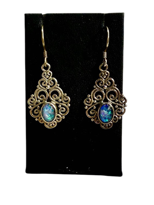 SS CAB OPAL BEZEL SET SCROLLING DANGLE EARRINGS