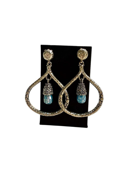 SS SARDA HAMMERED STYLE PEAR SHAPE LARGE DANGLE EARRINGS BLUE STONE