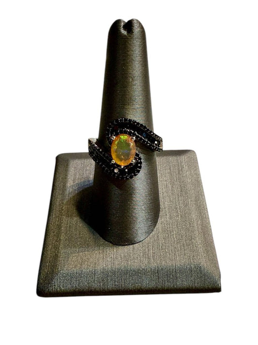 ss ethiopeon opal w/blk spinel bypass ring sz 9