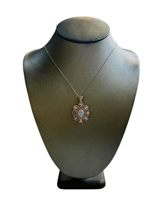 ss ethiopeon opal w/ pink sapphire cluster pendant on chain