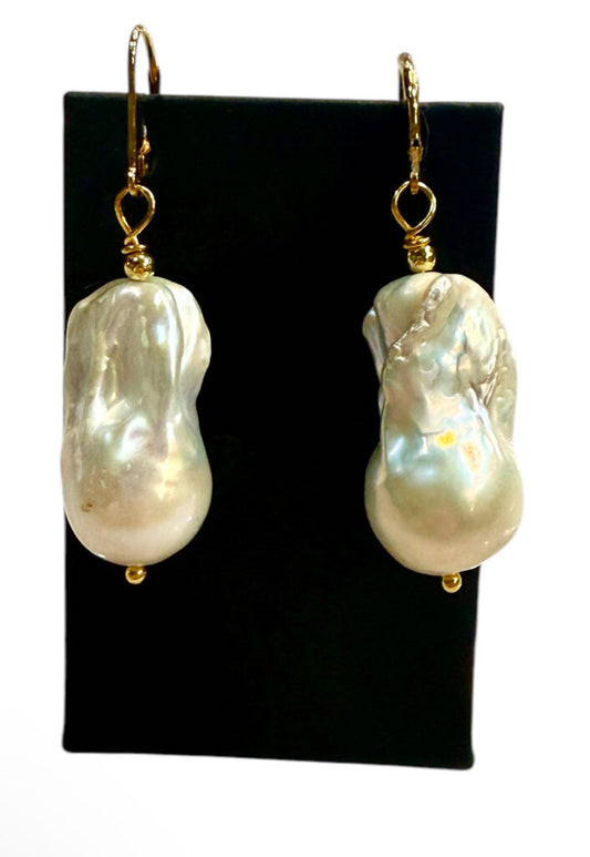 14KT YG LARGE BARAQUE PEARL DANGLE EARRINGS