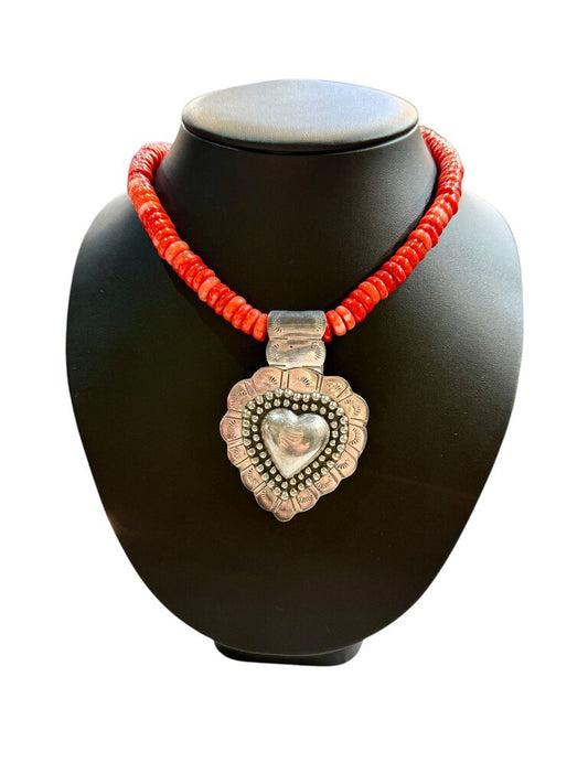 SS LRG PUFF HEART NATIVE PENDANT ON RED CORAL NECKLACE