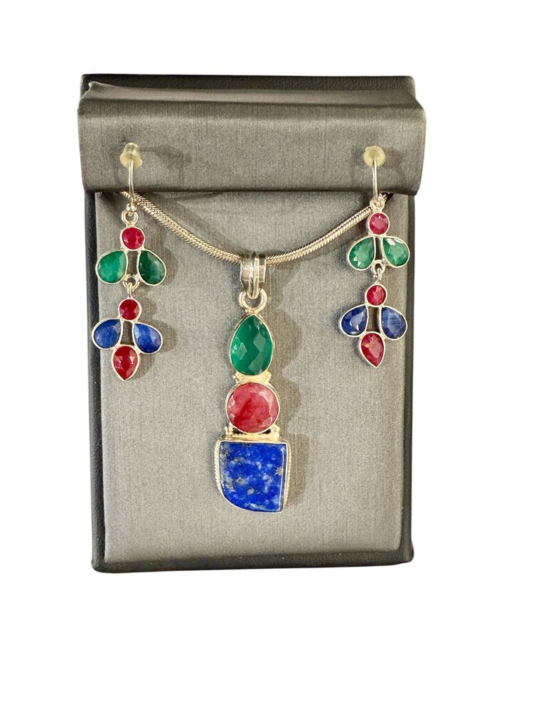 SS RUBY SAPPHIRE EMERALD DANGLE EARRINGS