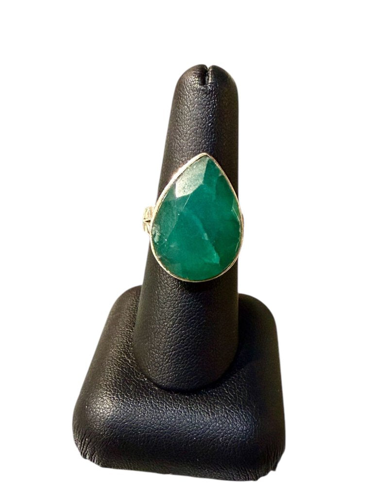 ss lrg emerald pear shape bezel set ring sz 8