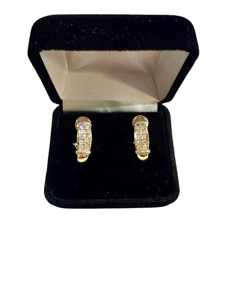 14KT TUTONE LEVER BACK HALF HOOP EARRINGS 1/2CTTW CHANNEL SET