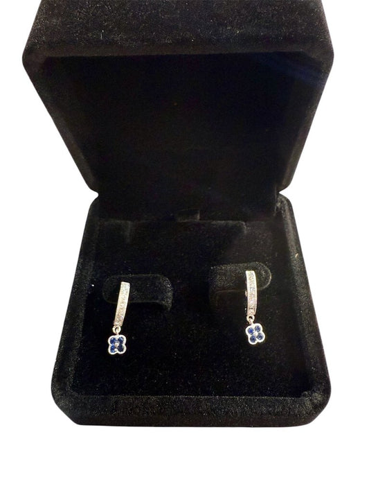 14KT WG 1/2TW PC DIA W/NATURAL SAPPHIRE FLOWER HUGGY DROP EARRINGS