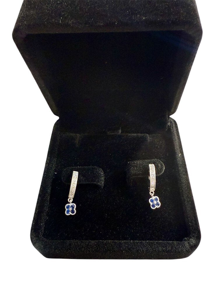 14KT WG 1/2TW PC DIA W/NATURAL SAPPHIRE FLOWER HUGGY DROP EARRINGS