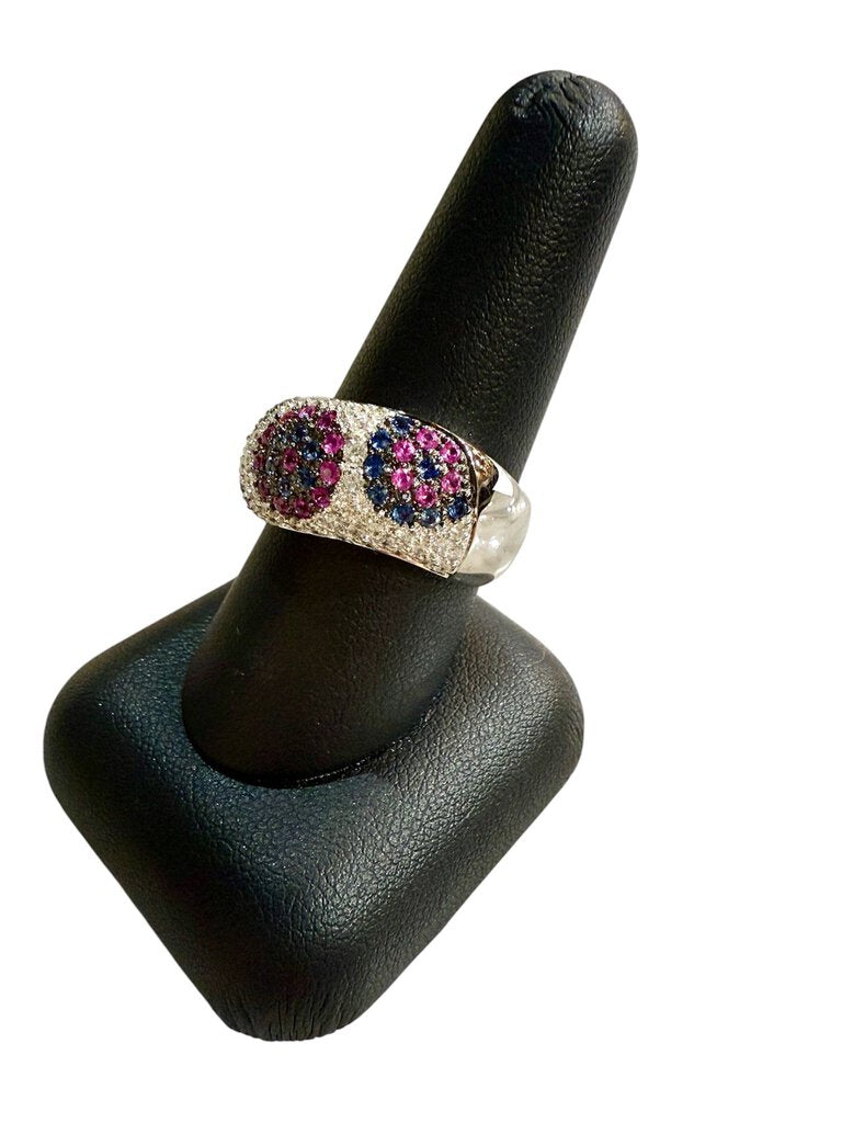 18KT WG .94TW RUBY&BLUE SAPPHIRES W/ .57CTTW PAVE DIAMOND DESIGNED RING SZ 8.5