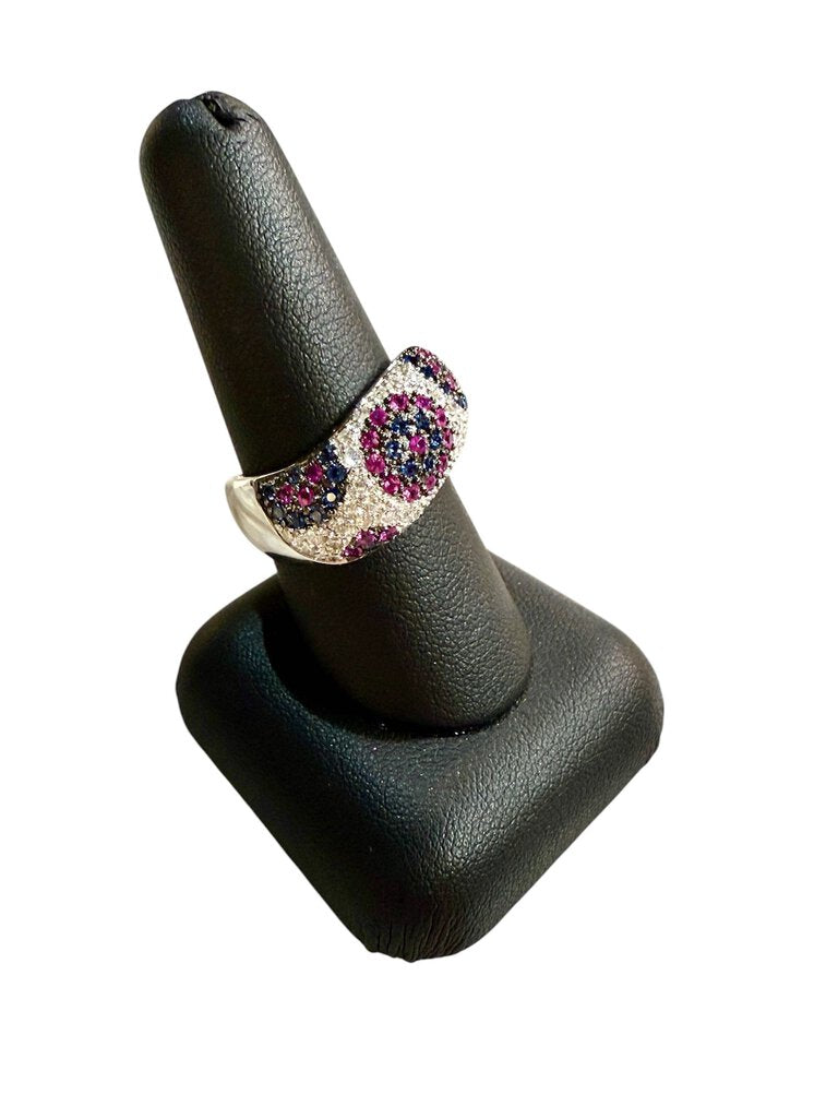 18KT WG .94TW RUBY&BLUE SAPPHIRES W/ .57CTTW PAVE DIAMOND DESIGNED RING SZ 8.5