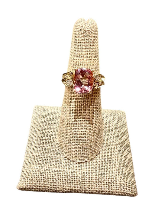 14KT YG LARGE PINK TOPAZ W/6RB SZ 7